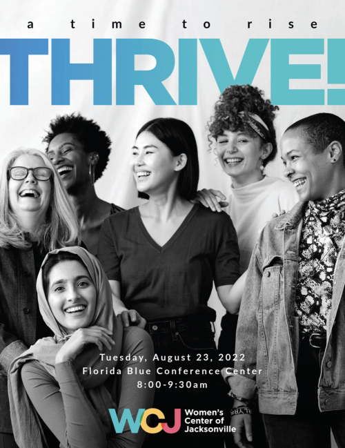 Black & white photo of 6 women of various ages and nationalities with THRIVE! at the top in bold font teal.