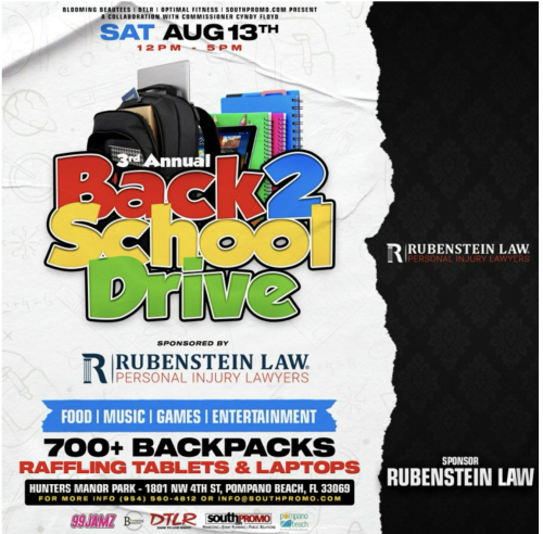 Flyer for Back to school giveaway in bright primary colors, sponsored by rubenstein law