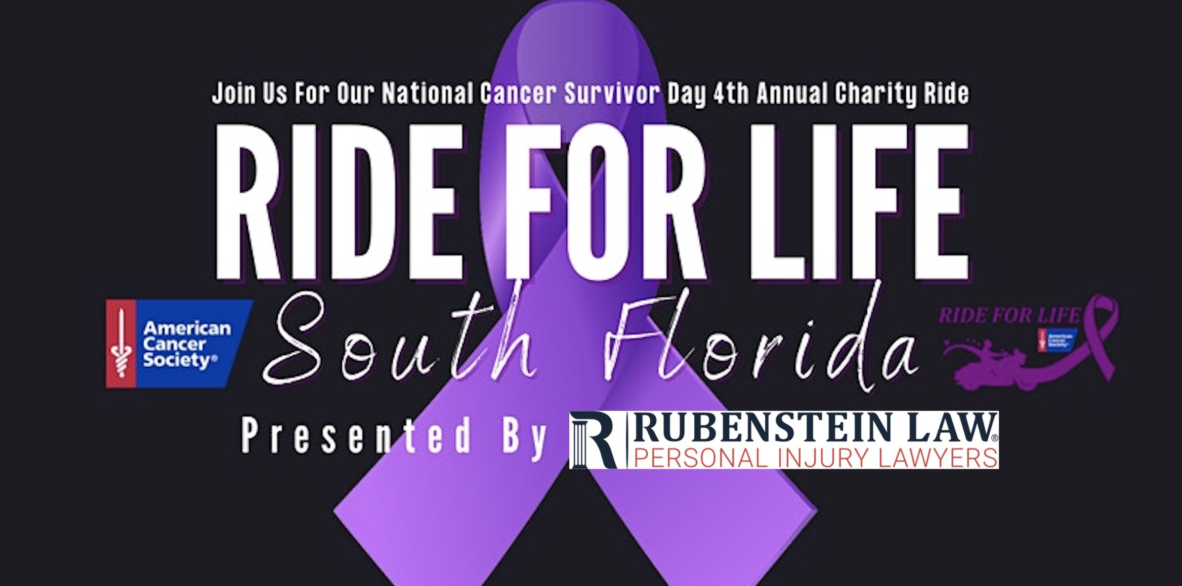Logotipo de la cinta morada de Ride for Life patrocinado por Rubenstein Law