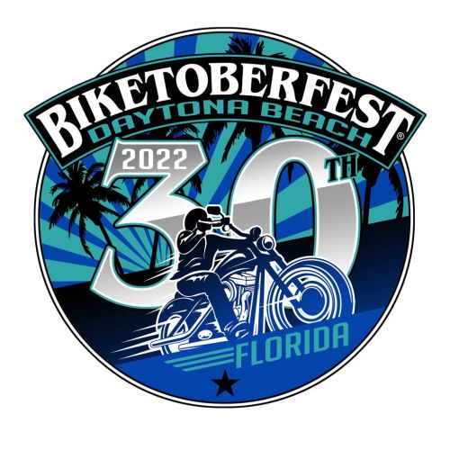 Emblema Biketoberfest con motociclista y palmeras.