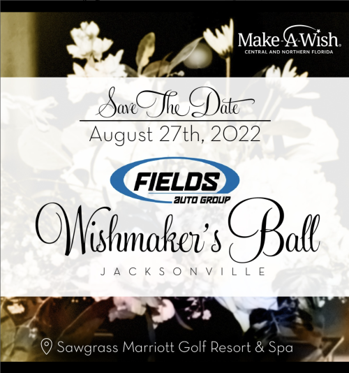 Folleto del @FieldsAutoGroup Wishmaker's Ball Jacksonville que muestra flores blancas con una capa blanca.