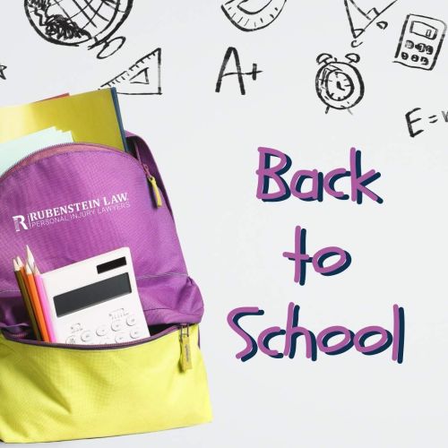lavender and yellow backpack with Rubenstein Law Logo on a white background with academic graphics